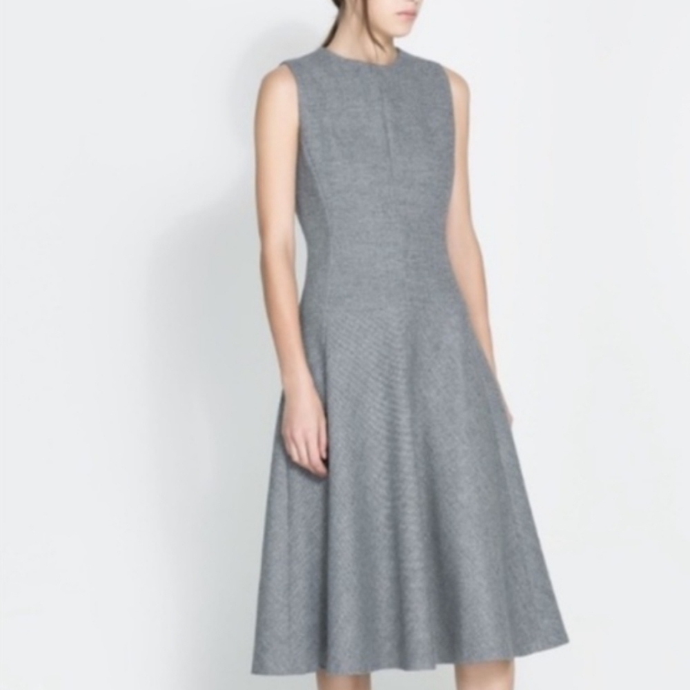 Zara Woman Wool Blend Dress Fit And Flare Gray